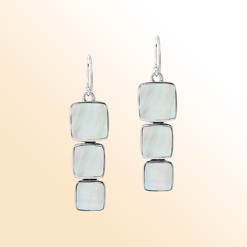 Sterling Silver Dangle Earrings Featuring Three Vertically Stacked Cushion Mother Of Pearl Pieces