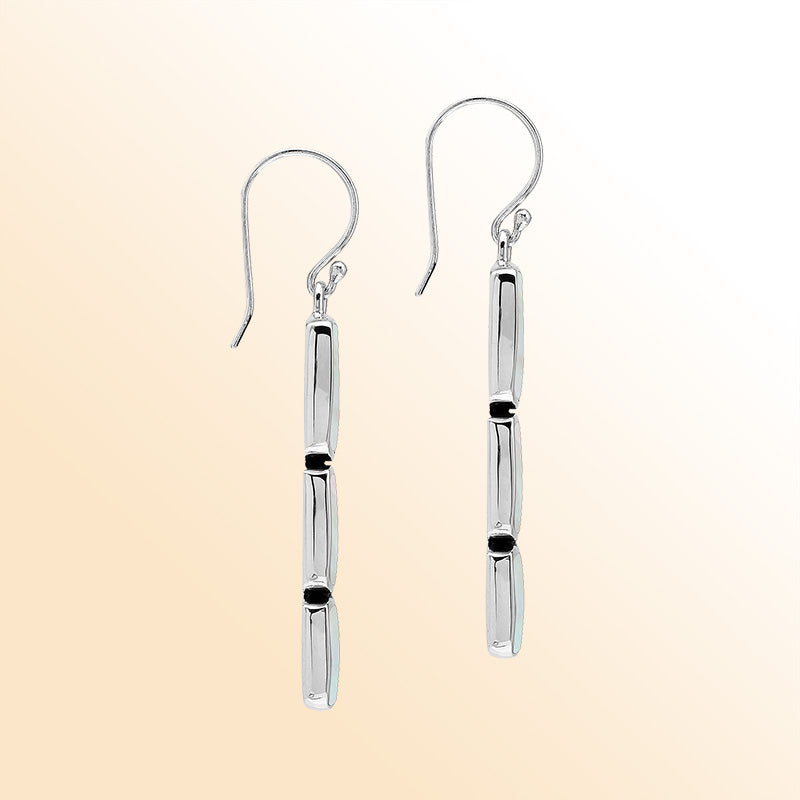 Sterling Silver Dangle Earrings Featuring Three Vertically Stacked Cushion Mother Of Pearl Pieces