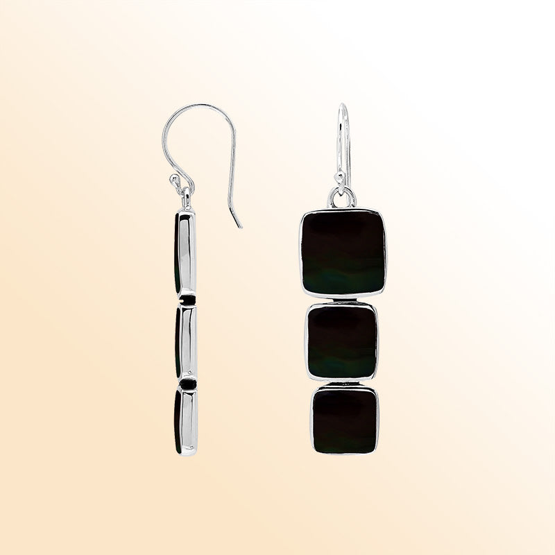 Sterling Silver Dangle Earrings Featuring Three Vertically Stacked Cushion Black Shell Pieces