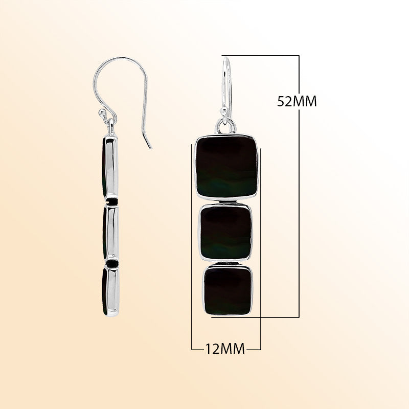 Sterling Silver Dangle Earrings Featuring Three Vertically Stacked Cushion Black Shell Pieces