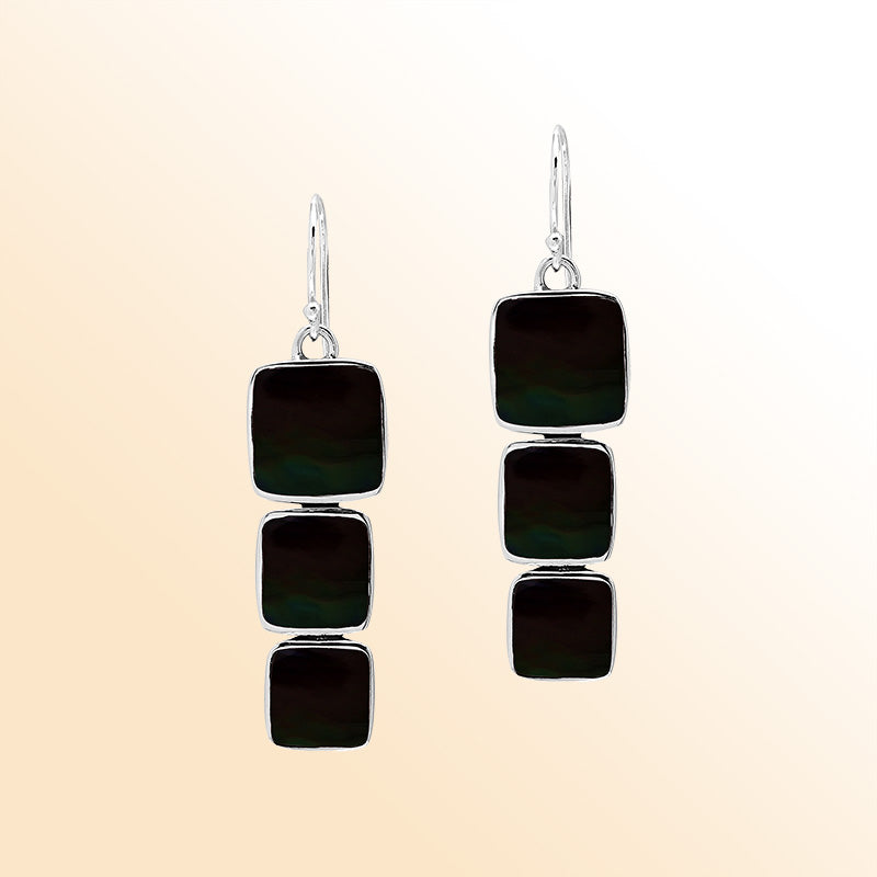 Sterling Silver Dangle Earrings Featuring Three Vertically Stacked Cushion Black Shell Pieces
