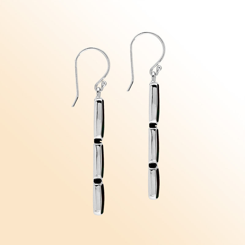 Sterling Silver Dangle Earrings Featuring Three Vertically Stacked Cushion Black Shell Pieces