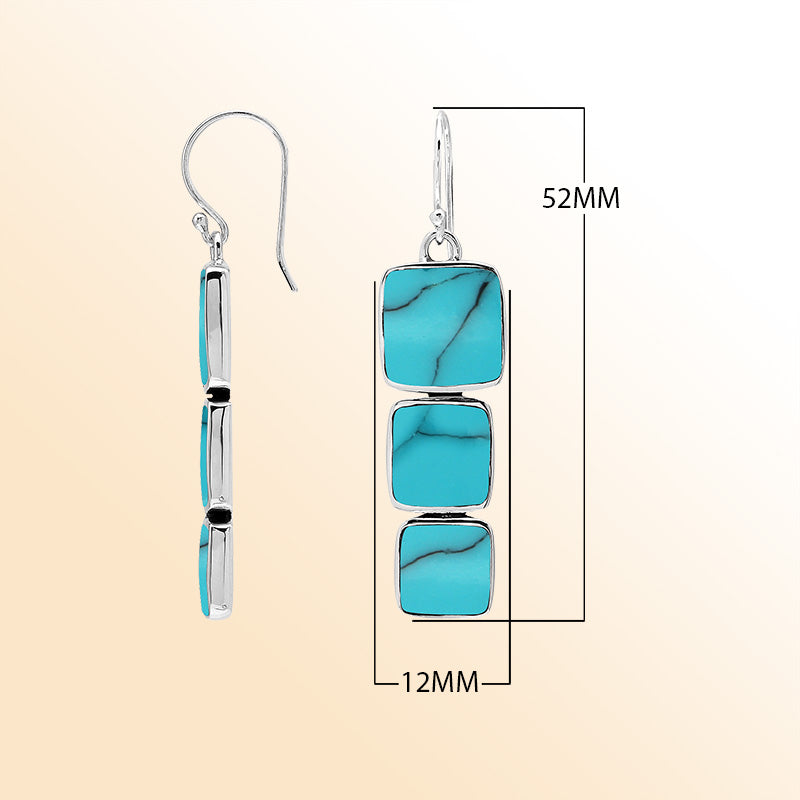Sterling Silver Dangle Earrings Featuring Three Vertically Stacked Cushion Turquoise Shell Pieces