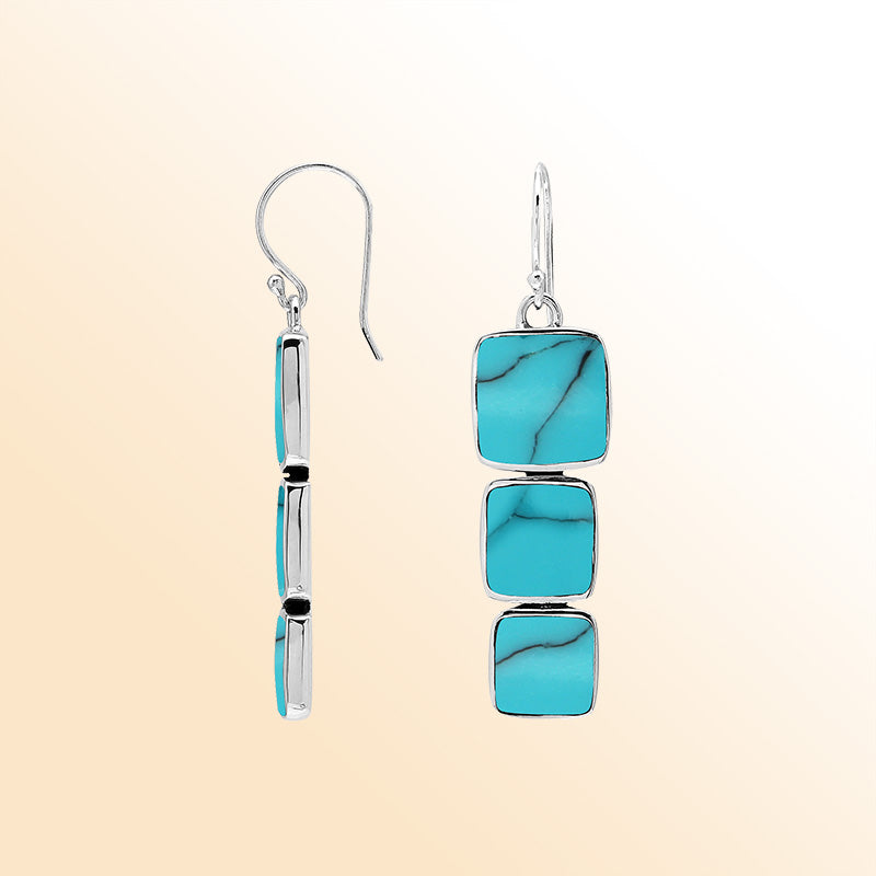 Sterling Silver Dangle Earrings Featuring Three Vertically Stacked Cushion Turquoise Shell Pieces
