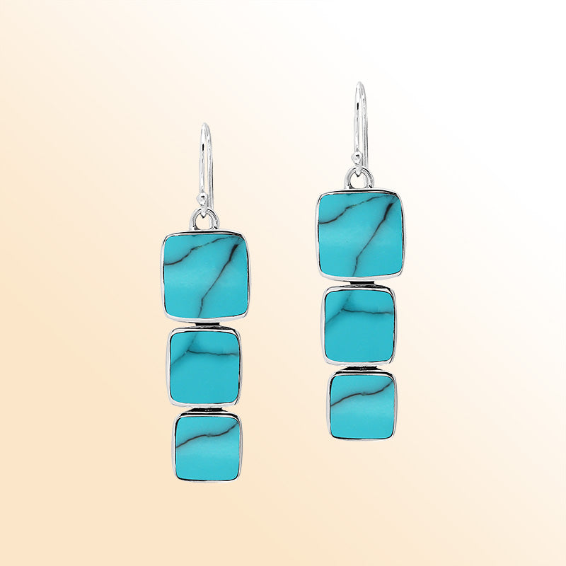 Sterling Silver Dangle Earrings Featuring Three Vertically Stacked Cushion Turquoise Shell Pieces