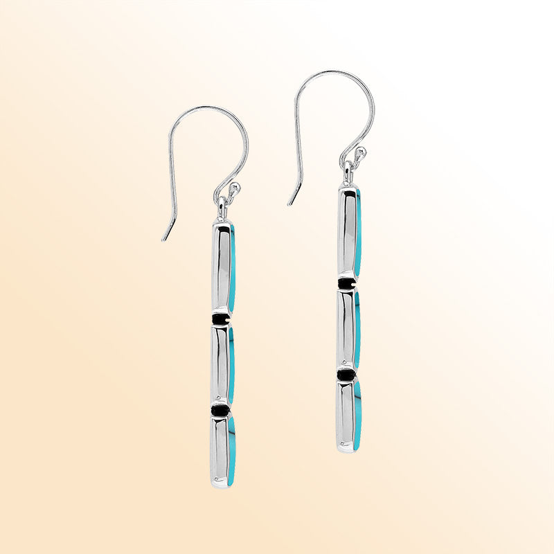 Sterling Silver Dangle Earrings Featuring Three Vertically Stacked Cushion Turquoise Shell Pieces
