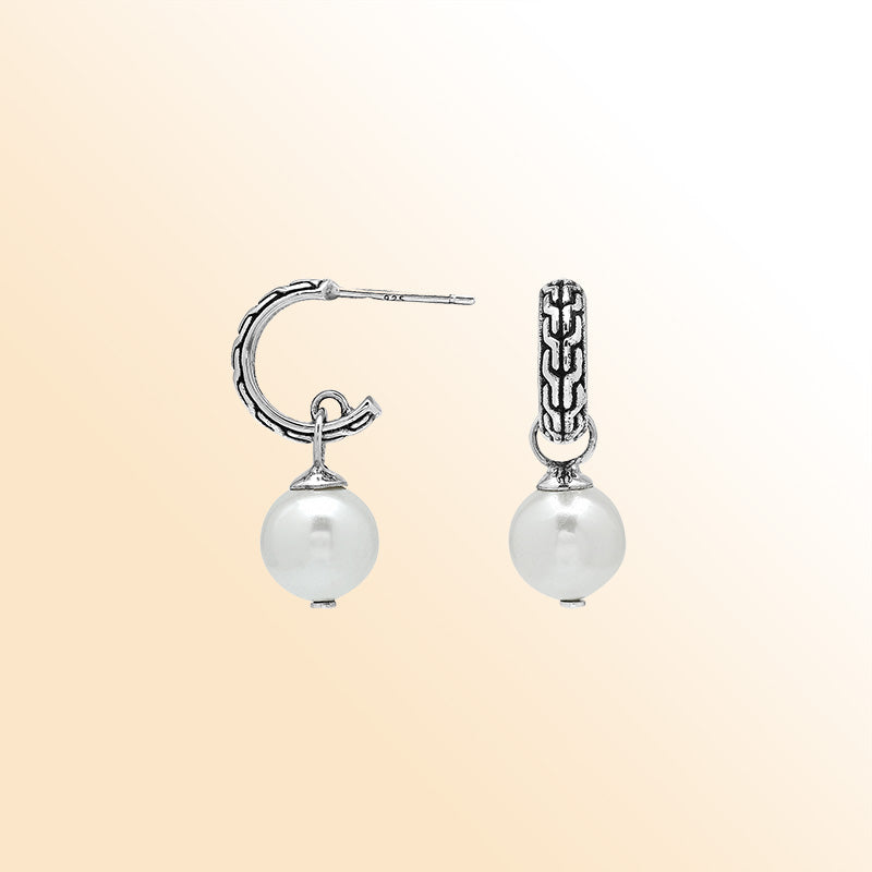 Sterling Silver Dangle Earrings Featuring Textured Hoops And Mabe Pearl Drops