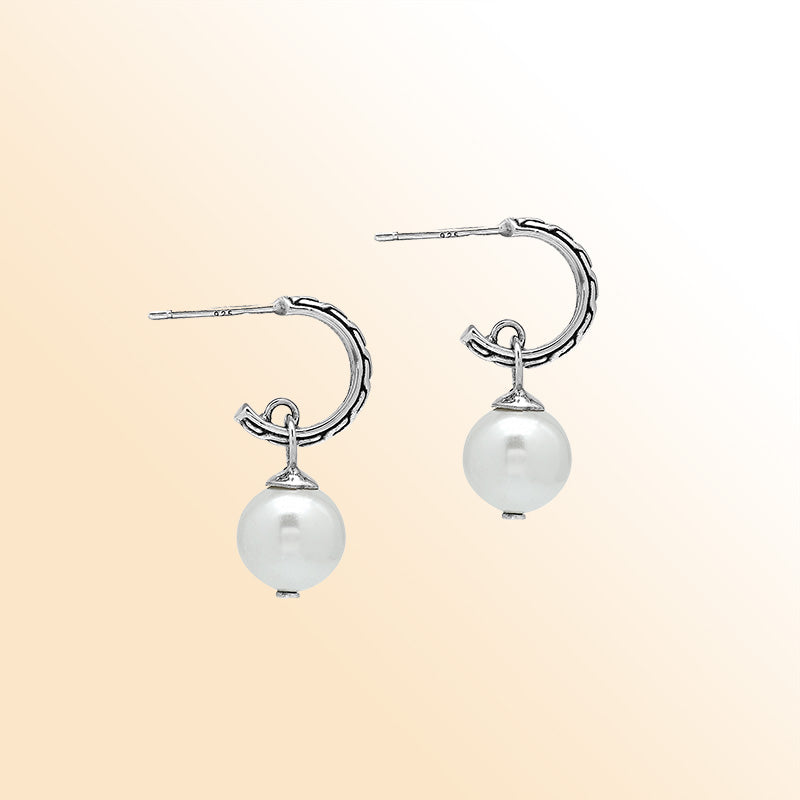 Sterling Silver Dangle Earrings Featuring Textured Hoops And Mabe Pearl Drops