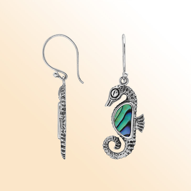 Sterling Silver Seahorse Dangle Earrings With Abalone Shell Inlay