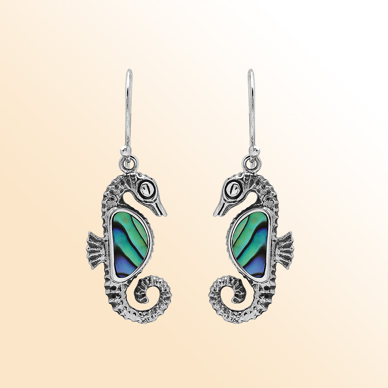 Sterling Silver Seahorse Dangle Earrings With Abalone Shell Inlay