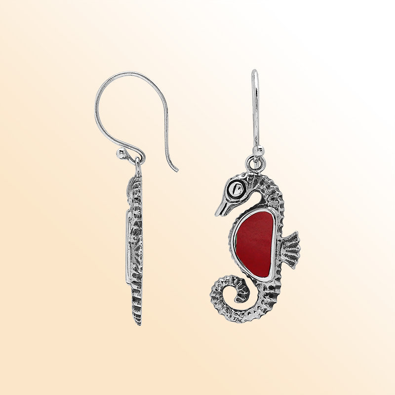 Sterling Silver Seahorse Dangle Earrings With Red Coral Inlay