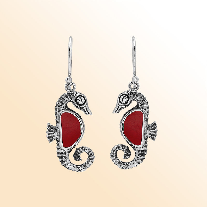 Sterling Silver Seahorse Dangle Earrings With Red Coral Inlay