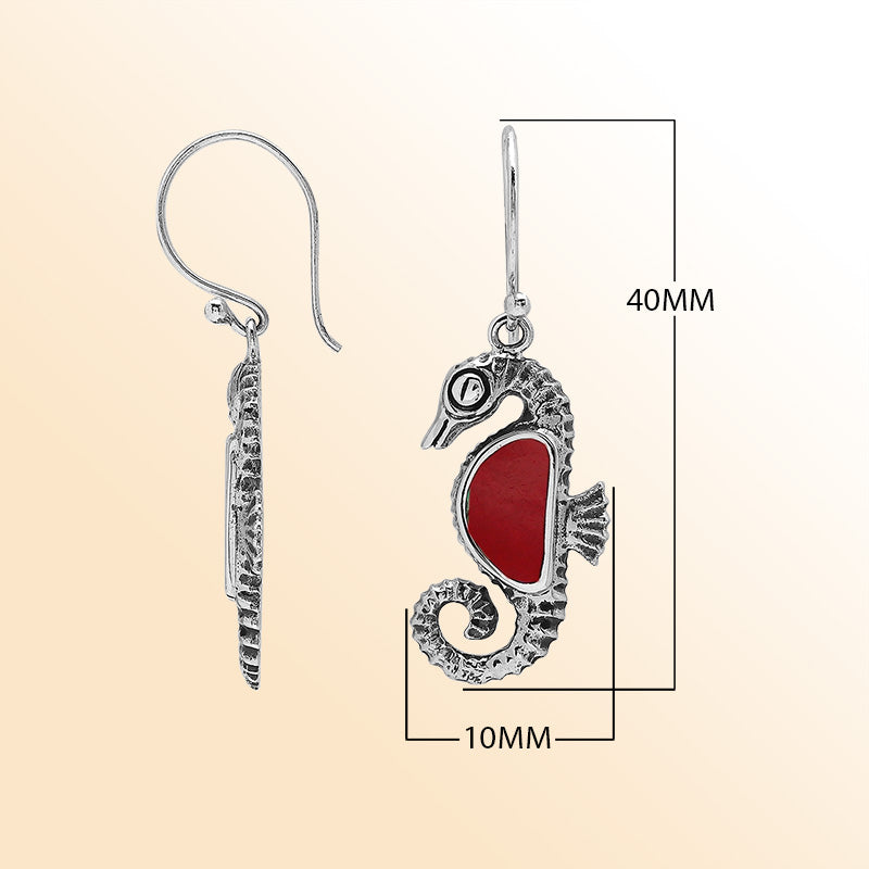 Sterling Silver Seahorse Dangle Earrings With Red Coral Inlay