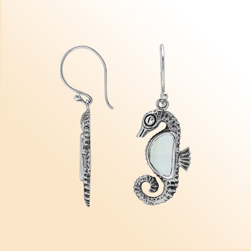 Sterling Silver Seahorse Dangle Earrings With Mother Of Pearl Inlay