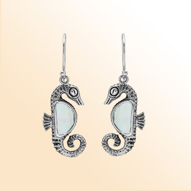 Sterling Silver Seahorse Dangle Earrings With Mother Of Pearl Inlay