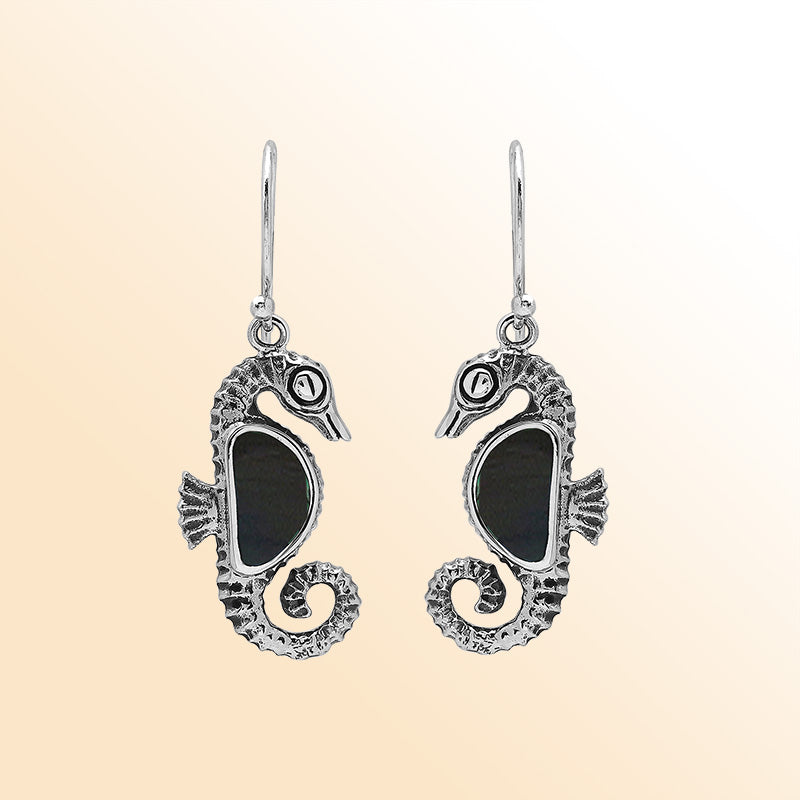 Sterling Silver Seahorse Dangle Earrings With Black Shell Inlay
