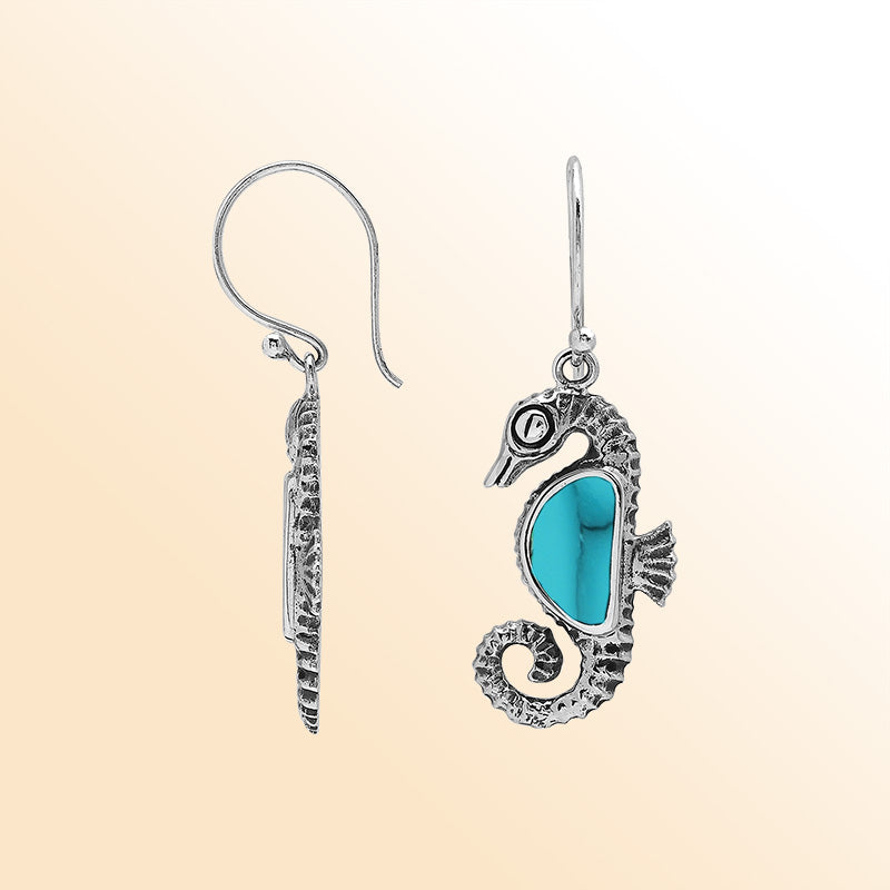 Sterling Silver Seahorse Dangle Earrings With Turquoise Shell Inlay