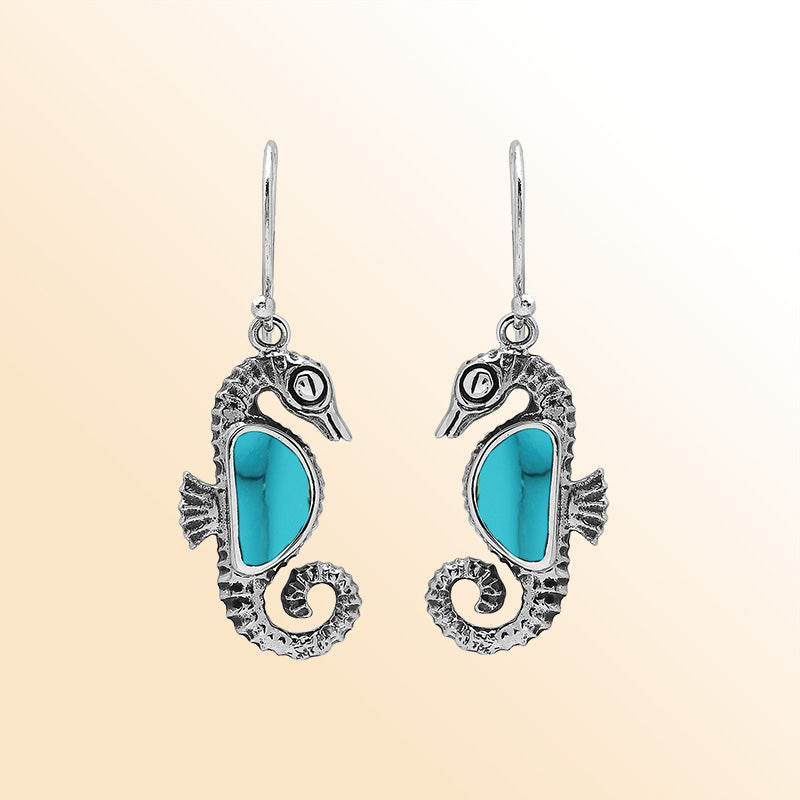 Sterling Silver Seahorse Dangle Earrings With Turquoise Shell Inlay