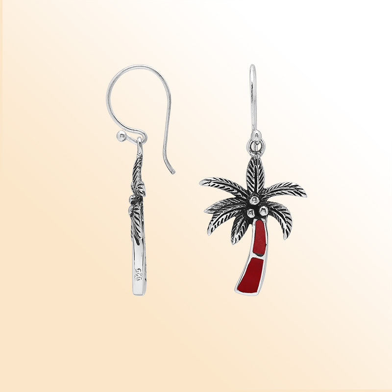 Sterling Silver Palm Tree Dangle Earrings With Red Coral Inlay