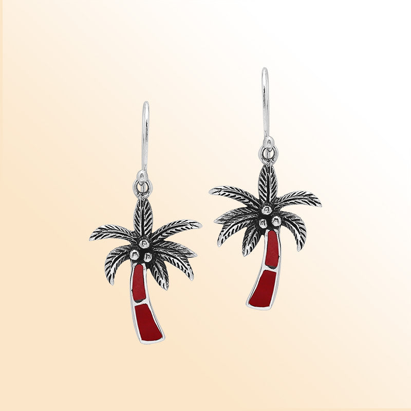 Sterling Silver Palm Tree Dangle Earrings With Red Coral Inlay