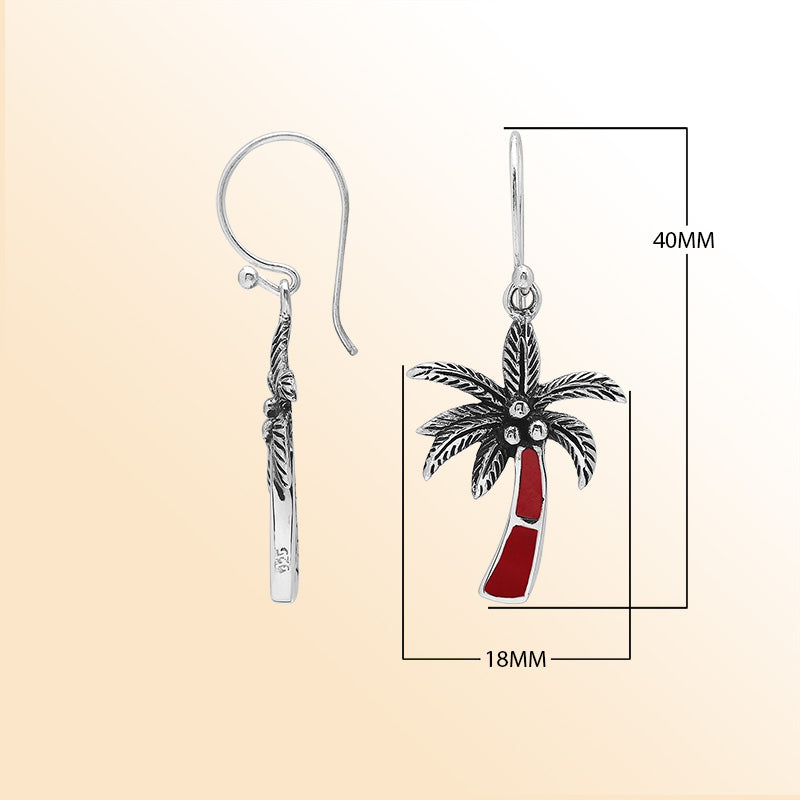 Sterling Silver Palm Tree Dangle Earrings With Red Coral Inlay