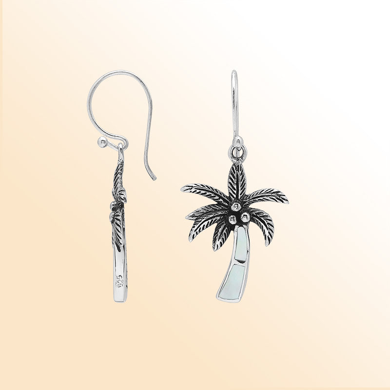 Sterling Silver Palm Tree Dangle Earrings With Mother Of Pearl Inlay