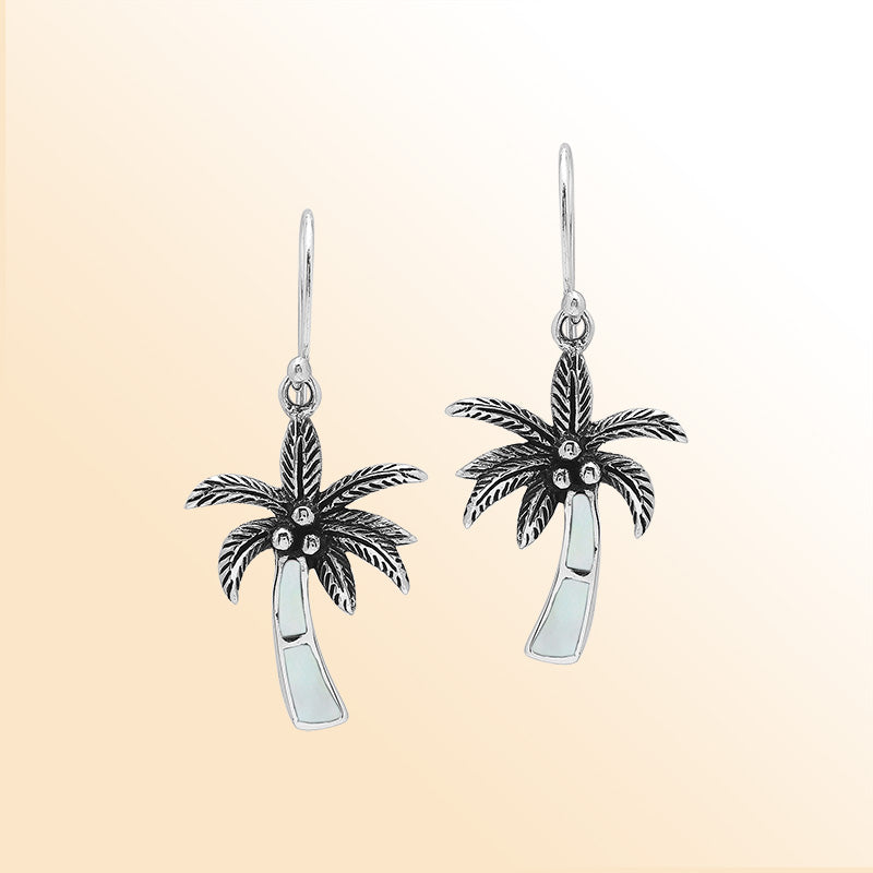 Sterling Silver Palm Tree Dangle Earrings With Mother Of Pearl Inlay