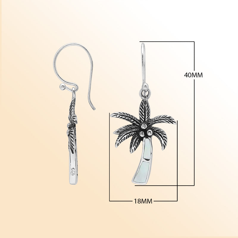 Sterling Silver Palm Tree Dangle Earrings With Mother Of Pearl Inlay