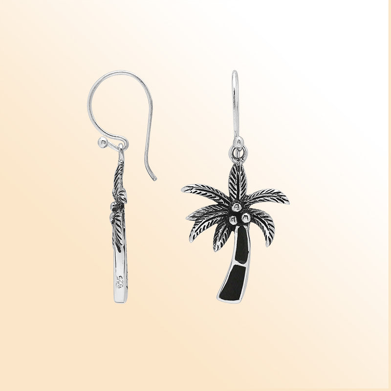 Sterling Silver Palm Tree Dangle Earrings With Black Shell Inlay