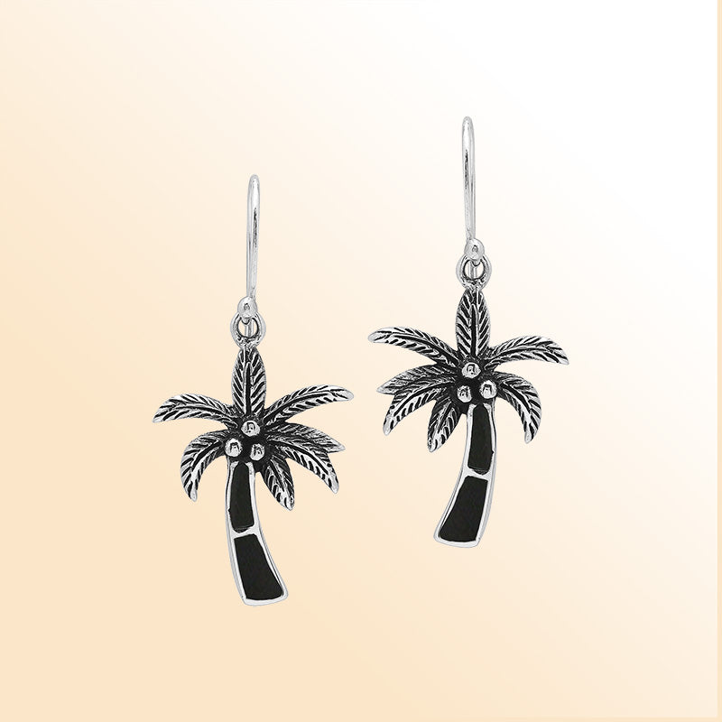 Sterling Silver Palm Tree Dangle Earrings With Black Shell Inlay