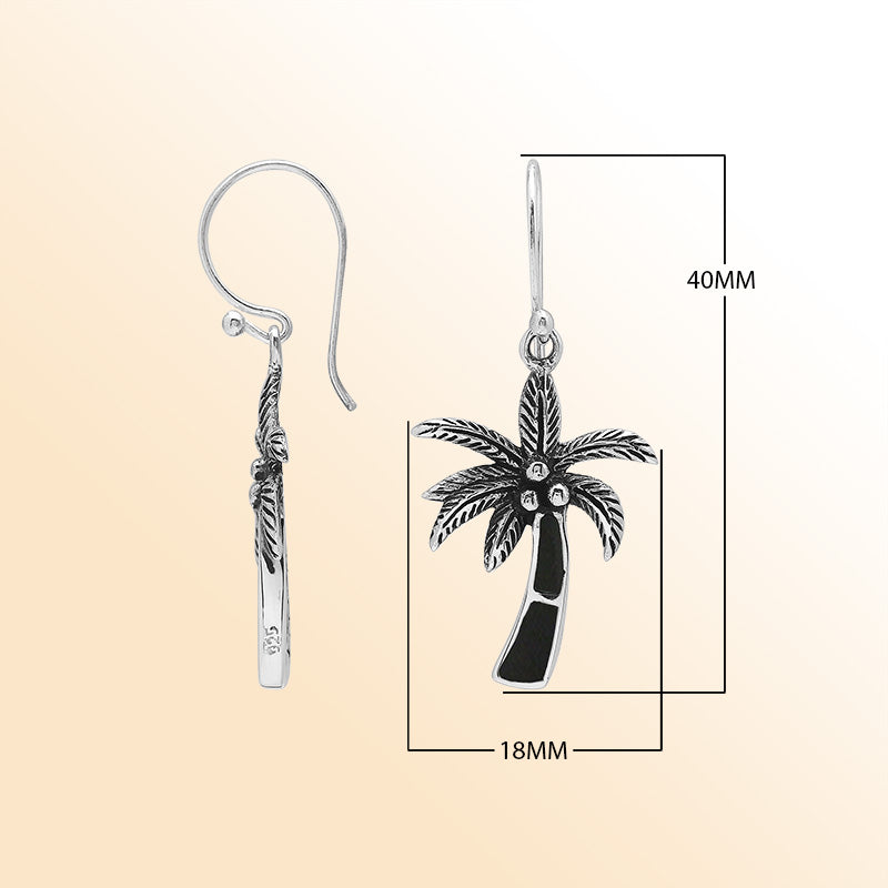 Sterling Silver Palm Tree Dangle Earrings With Black Shell Inlay