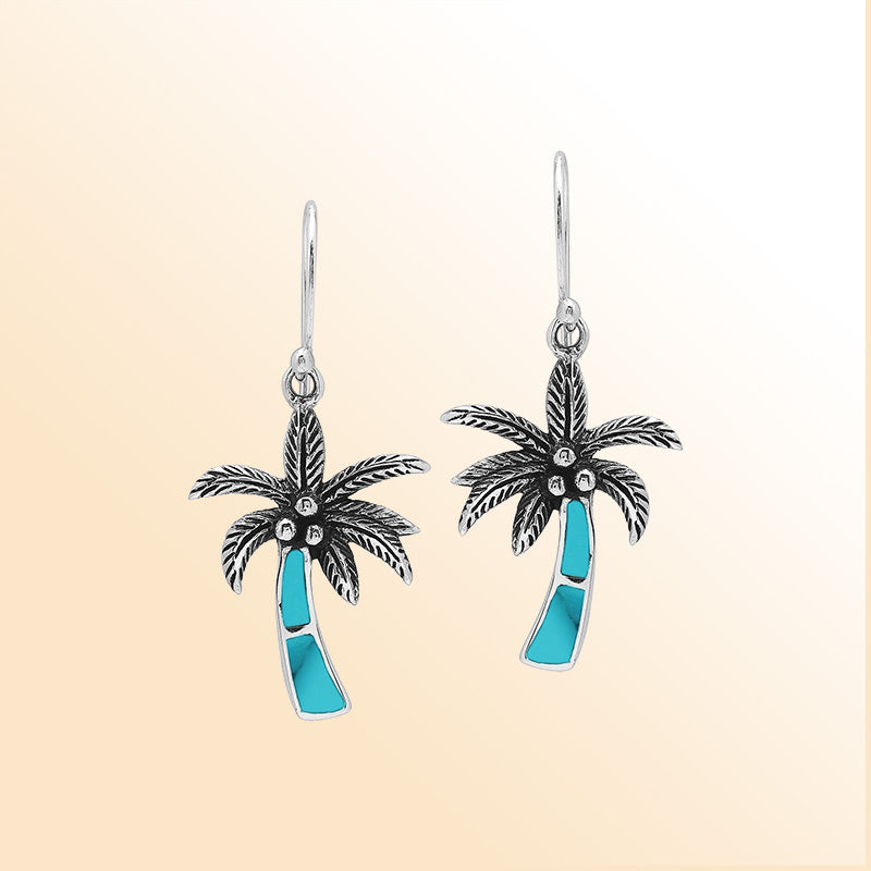 Sterling Silver Palm Tree Dangle Earrings With Turquoise Shell Inlay