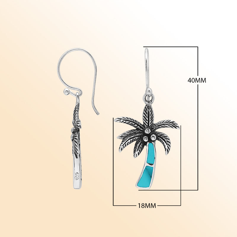 Sterling Silver Palm Tree Dangle Earrings With Turquoise Shell Inlay