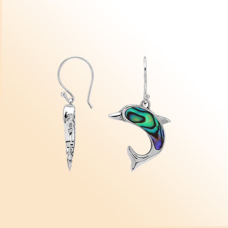 Sterling Silver Dolphin Dangle Earrings With Abalone Shell Inlay
