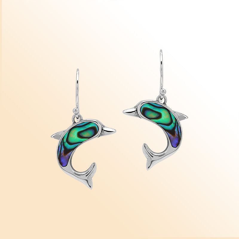 Sterling Silver Dolphin Dangle Earrings With Abalone Shell Inlay