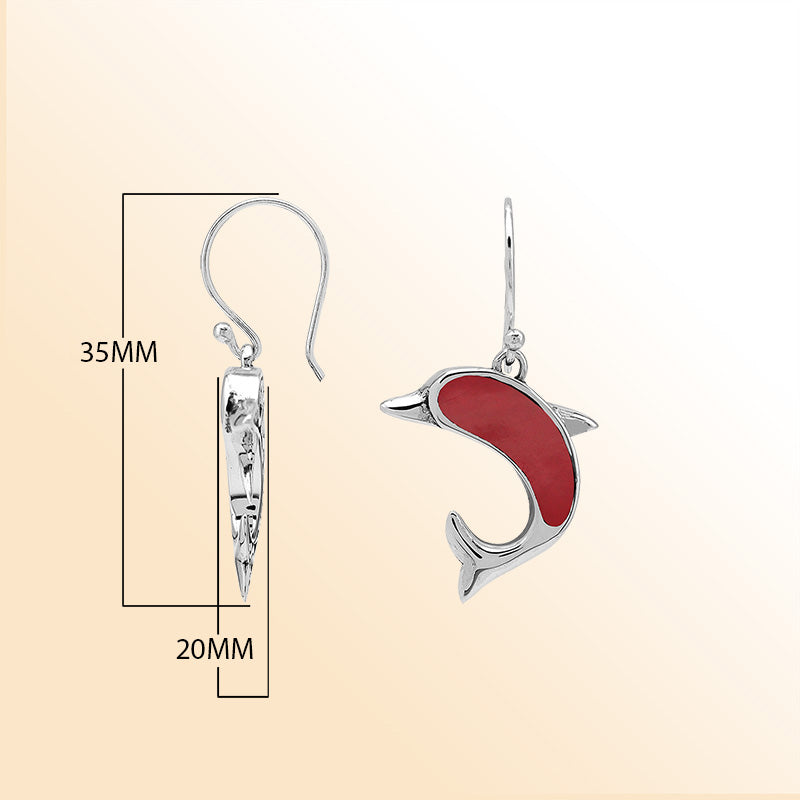 Sterling Silver Dolphin Dangle Earrings With Red Coral Inlay