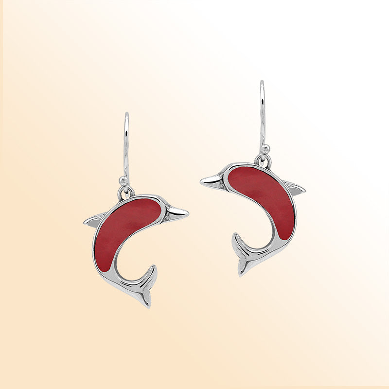 Sterling Silver Dolphin Dangle Earrings With Red Coral Inlay