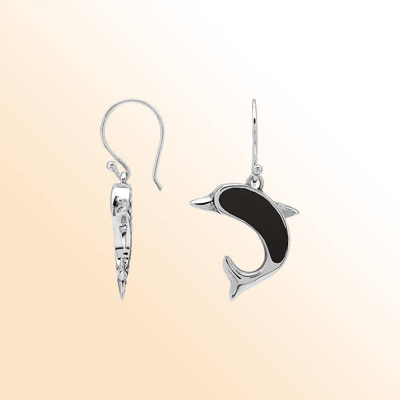 Sterling Silver Dolphin Dangle Earrings With Black Shell Inlay