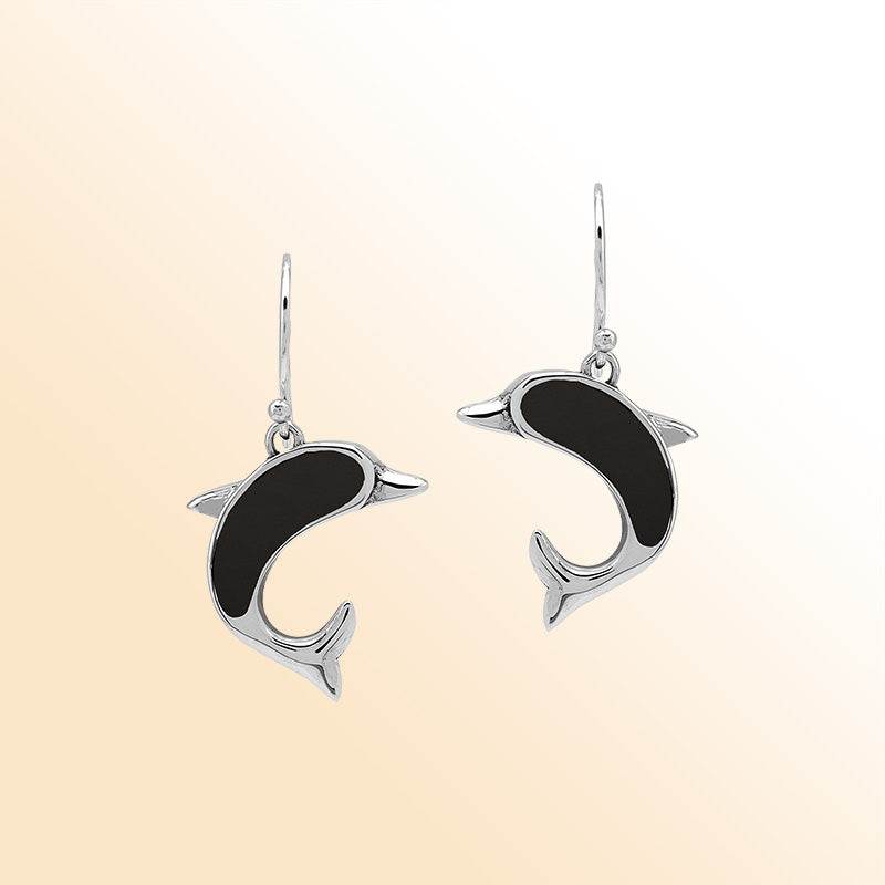 Sterling Silver Dolphin Dangle Earrings With Black Shell Inlay