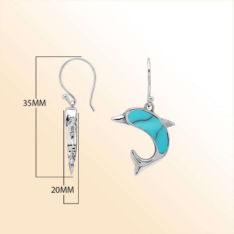 Sterling Silver Dolphin Dangle Earrings With Turquoise Shell Inlay