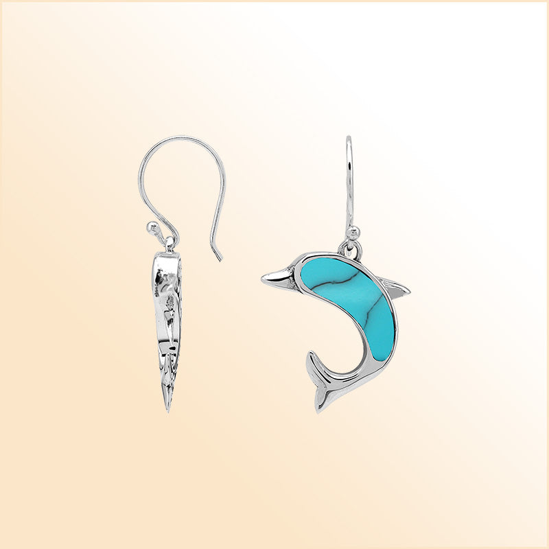 Sterling Silver Dolphin Dangle Earrings With Turquoise Shell Inlay