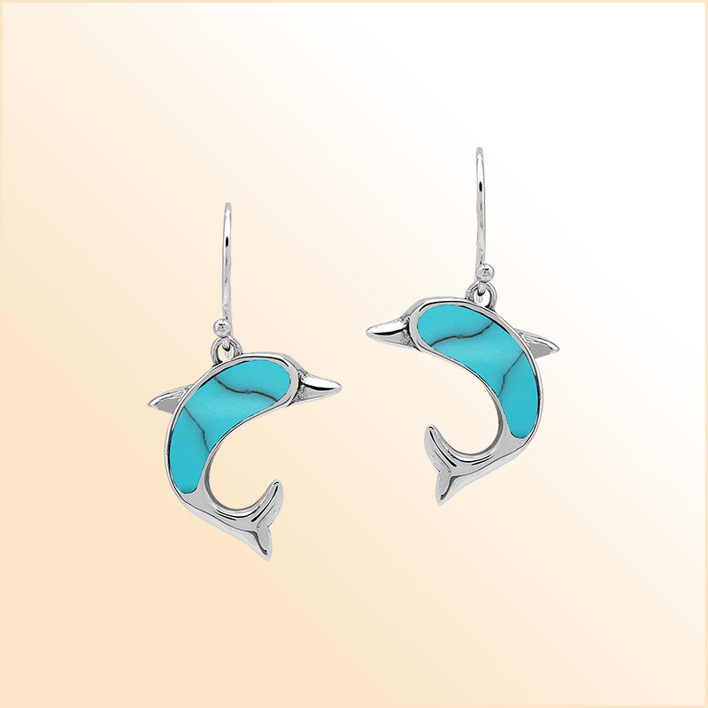 Sterling Silver Dolphin Dangle Earrings With Turquoise Shell Inlay