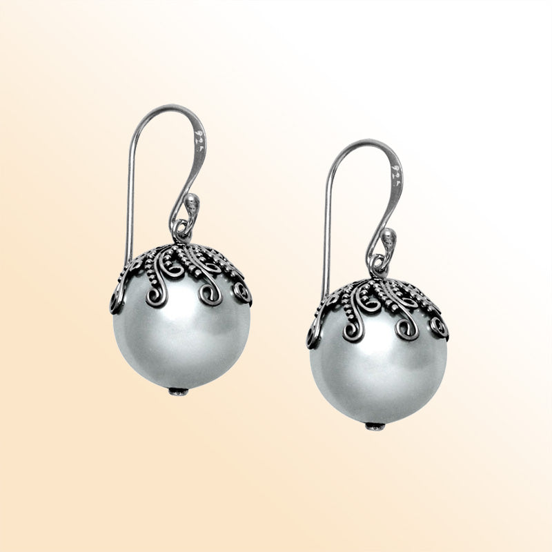Sterling Silver Dome Drop Earrings With Mabe Pearl Accents