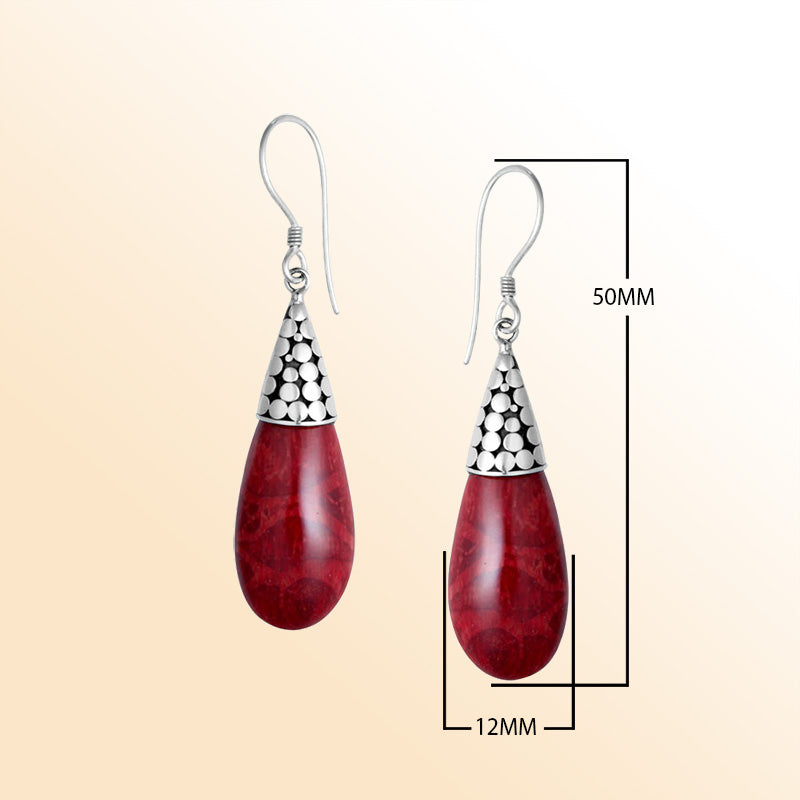 Sterling Silver Teardrop Earrings With Red Coral And Cone Cap