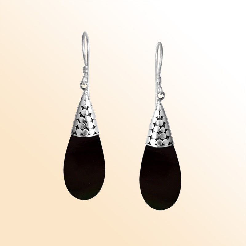 Sterling Silver Teardrop Earrings With Black Shell And Cone Cap