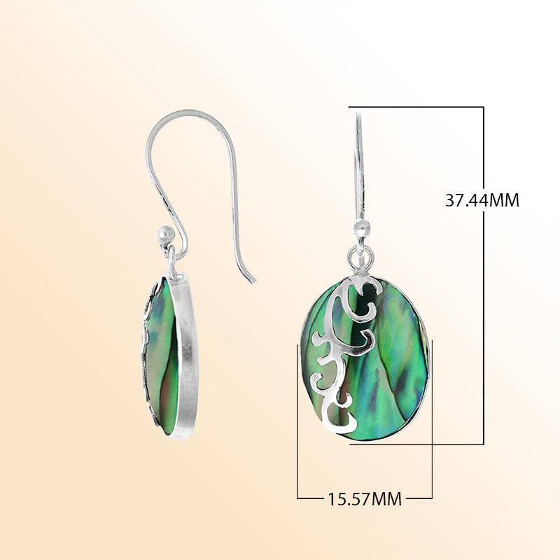 Sterling silver artisan earrings showcasing vibrant oval abalone shell with flowing wave-style overlay, crafted to create an expressive ocean-inspired look for everyday elegant styling.