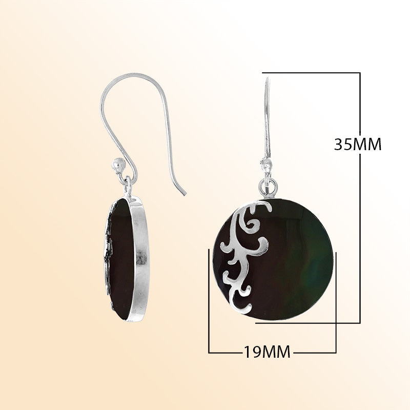 Sterling silver artisan earrings showcasing iridescent round black shell with a flowing wave-style overlay, designed to create an expressive ocean-inspired look for stylish and elegant everyday wear.