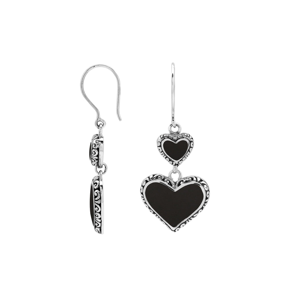 AE-7038-SHB Sterling Silver Heart Shape Earring With Black Shell