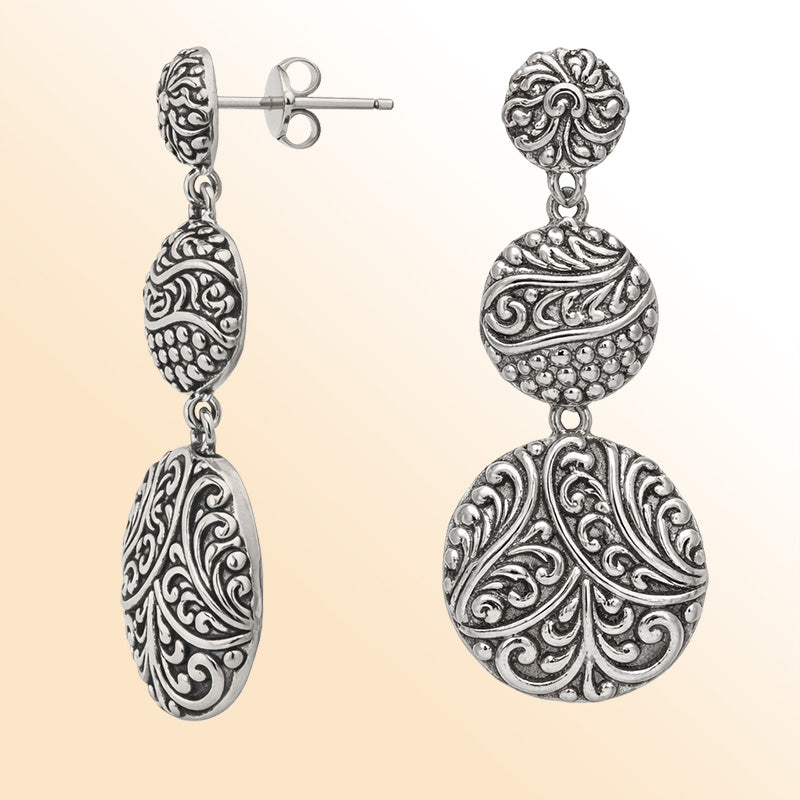 Handcrafted sterling silver oval triple drop earrings with polished finish