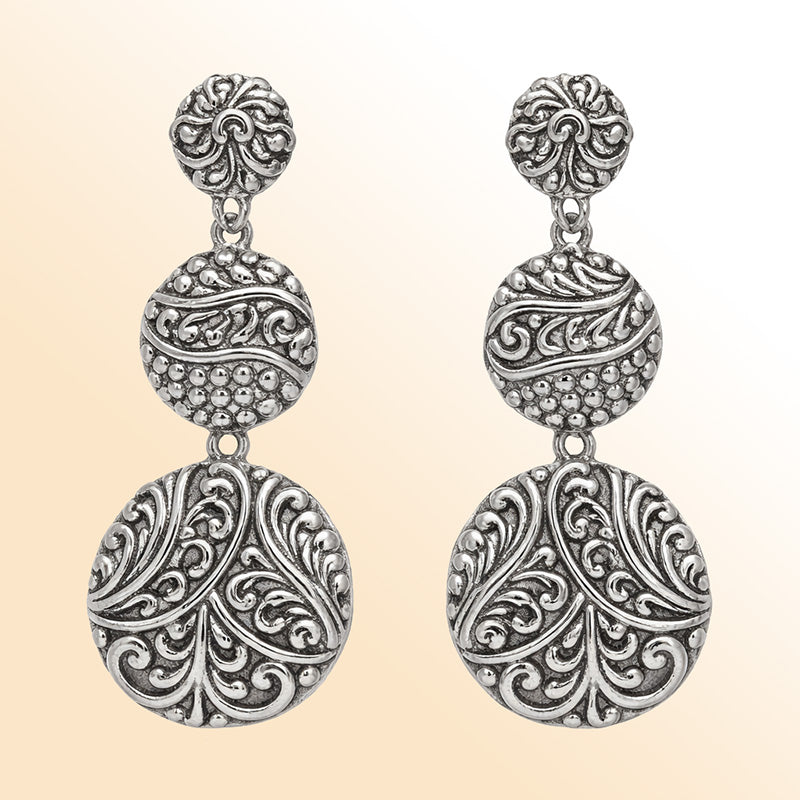 Handcrafted sterling silver oval triple drop earrings with polished finish
